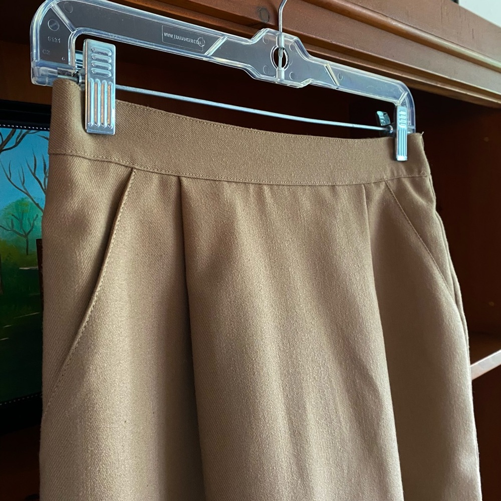 Vintage 80s Principles Petite Camel Wool Blend Midi Skirt Pockets Size 6 - Picture 2 of 12